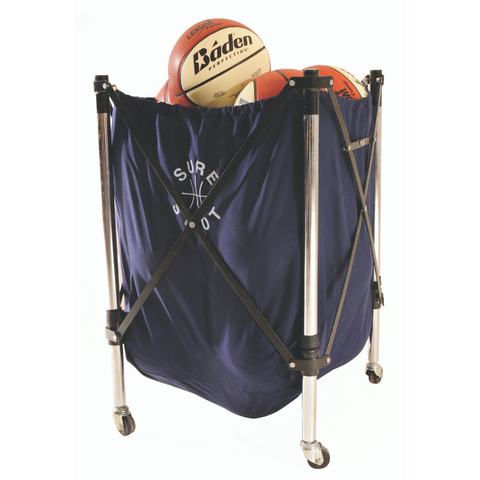 Navy Sure Shot ball caddy with wheels carrying 12 official sized basketballs